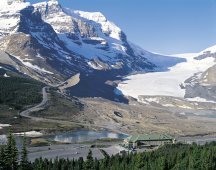 Aerial Columbia Icefield Chalet, Interpretive Centre, and Athabasca Glacier Jasper National Park  - Photo Credit: Tourism Alberta